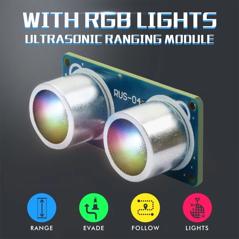 Ultrasonic Sensor Hc - HC-SR04/RUS-04 โมดูลอัลตราโซนิกเซ็นเซอร์วัดระยะห่าง รถหุ่นยนต์หลบหลีกสิ่งกีดขวางพร้อมไฟ RGB สีสันสดใส